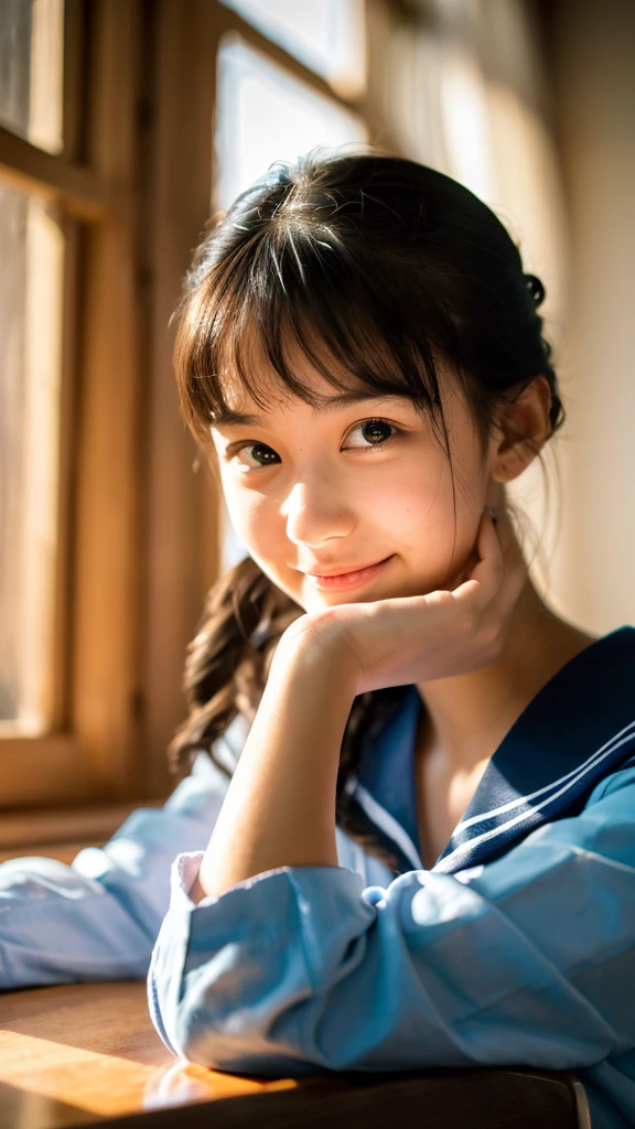 (Highest quality,masterpiece:1.3,Ultra-high resolution),(Very detailed,Caustics,8K),(Realistic:1.4,RAW shooting),(School classroom),(Girl resting her chin on the desk),Sit on a chair,18-year-old,cute,Japanese,Looking into the camera,Black hair ponytail,Sailor suit,(The light coming in from the window illuminates the girl:1.1),(Curtains swaying in the wind),(Bust up shot),(Face Focus),(Face close-up),Low position,Low Angle,Natural light,Smile,