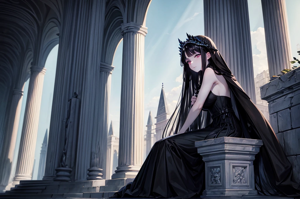 Beautiful, majestic, melancholic, woman, solo-girl, long black hair, pale white skin, indigo eyes, narrow eyes, sly smile, (black dress:1.1), (black and blue veil:1.1), sitting on a stone pillar, dark ancient temple in background, rays of moonlight