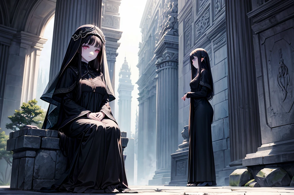 Beautiful, majestic, melancholic, woman, solo-girl, long black hair, pale white skin, indigo eyes, narrow eyes, sly smile, (black dress:1.1), (black and blue veil:1.1), sitting on a stone pillar, dark ancient temple in background, rays of moonlight