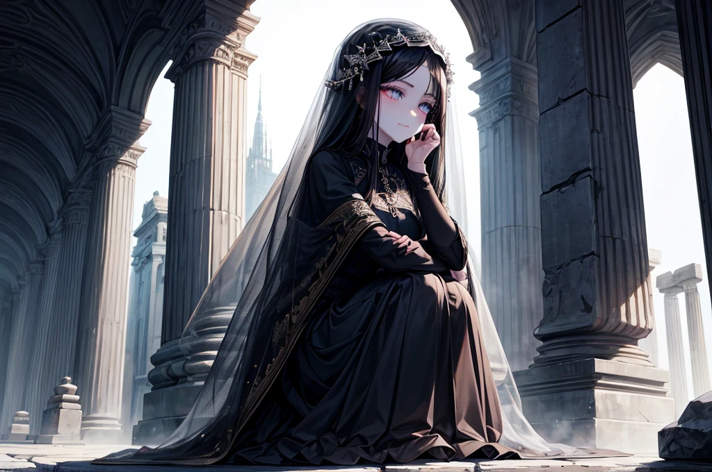 Beautiful, majestic, melancholic, woman, solo-girl, long black hair, pale white skin, indigo eyes, narrow eyes, sly smile, (black dress:1.1), (black and blue veil:1.1), sitting on a stone pillar, dark ancient temple in background, rays of moonlight