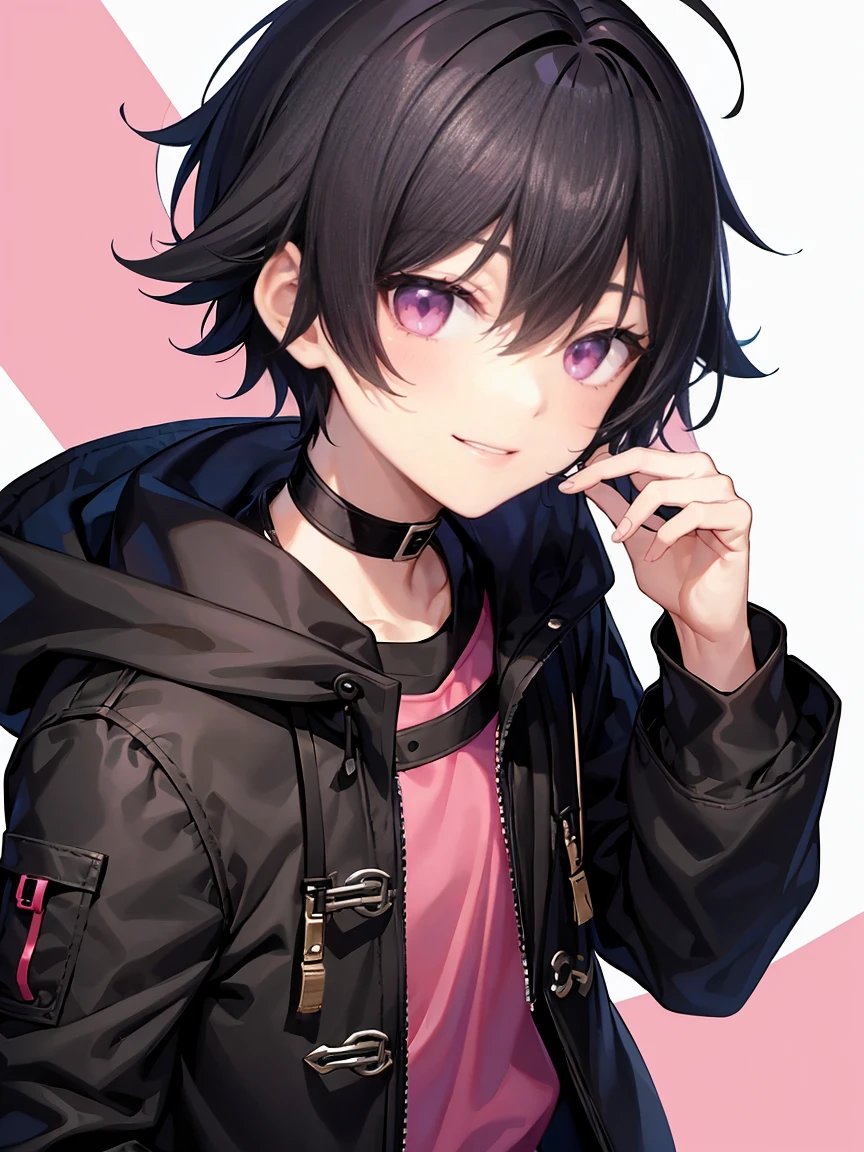 Short black hair、Pink eyes、Shota、male:1.5、solo、jet black duffle coat、Black clothing、Wicked Smile、Black trousers