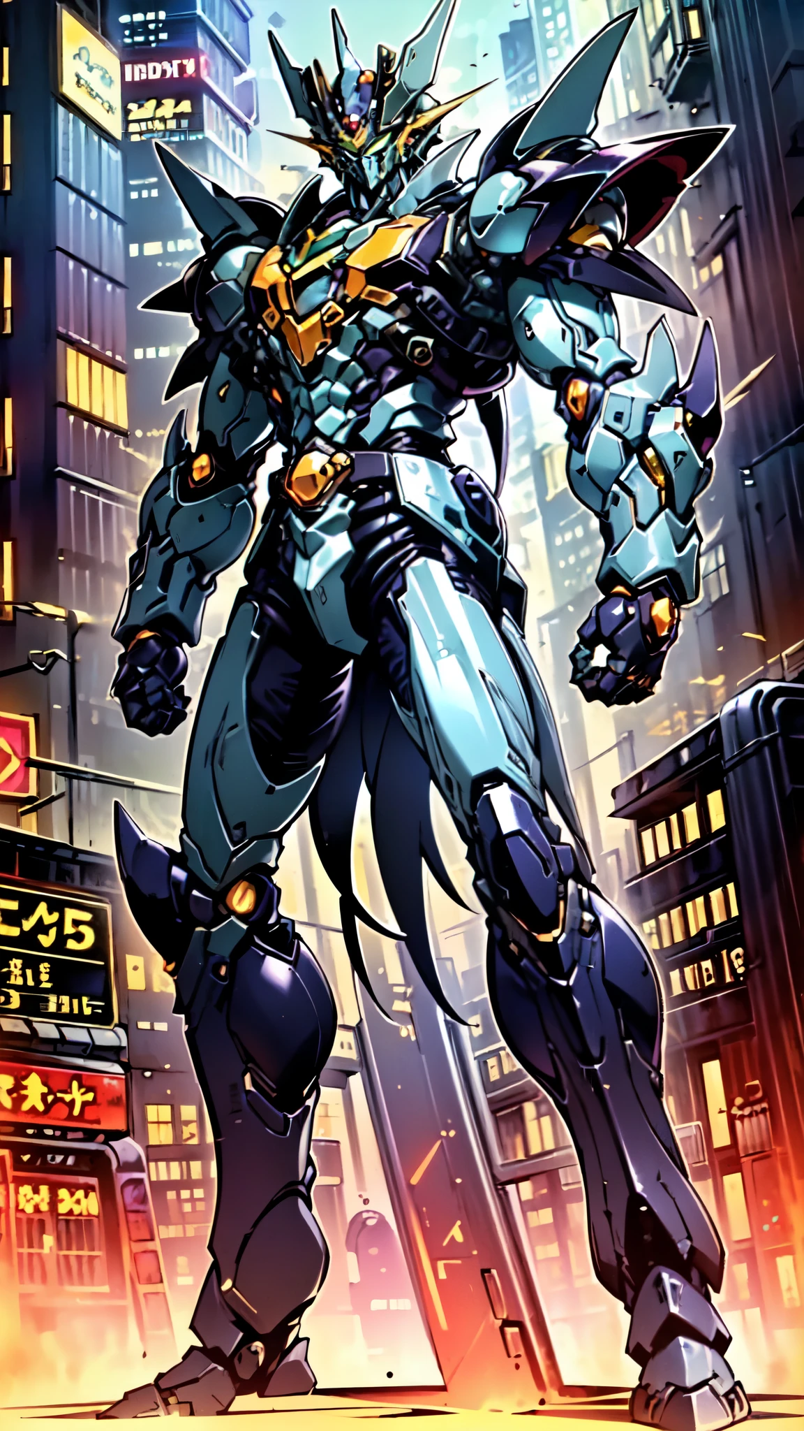 (masterpiece:1.5, best quality:1.5, extremely delicate:1.5, foreshortening:1.5, dynamic angle:1.5), a man wearing a full-face helmet, a fantasy-style biotech armored combat suit, green eyes, (a composite layered chest armor), fully enclosed shoulder guards, matching arm and leg guards, the belt is adorned with neon circuitry, (the color scheme is primarily black glow with green and red accents), the design balances heavy with agility, a high-tech bio-mecha armor, (Armor Concept Inspired by Mazinger Z, stand on the top of a skyscraper in a futuristic sci-fi city), this character embodies a finely crafted fantasy-surreal style armored hero in anime style, exquisite and mature manga art style, (element, plasma, energy, the armor glows), ((male:1.5)), metallic, high definition, highres, ultra-detailed, ultra-fine painting, professional, perfect body proportions, golden ratio, anatomically correct, symmetrical face, extremely detailed eyes and face, high quality eyes, creativity, RAW photo, UHD, 32k, Natural light, cinematic lighting, masterpiece-anatomy-perfect