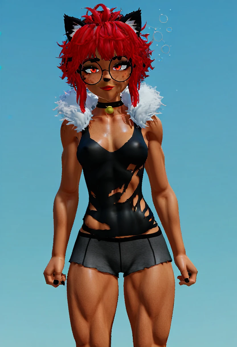 (8k, RAW photos, top quality, masterpiece: 1.2), (High Quality), ray tracing, HDR, (High Details), (Face detail), (Shadow Detail), 1girl, solo, Roblox Chibi, 3d, 3d render, beautiful girl, makeup, best quality, masterpiece, highres, original, extremely detailed wallpaper, looking at viewer, 1girl, beautiful face, jewelry, makeup, lipstick, fur trim, beautiful, high detail, torn clothes, Arknights, (tan skin, tan:1.4), cat ears, red eyes, red hair, short hair, bangs, cat tail, athletic female, black glasses, messy hair, choker, (round glasses:1.2), small breasts, solo, freckles, toned thighs, (muscle:1.25), (sidelocks:0.9), sleepy, smug, boxer, brawler, tall, teasing, suggestive, seducing, playful, drunk, nsfw:2.0