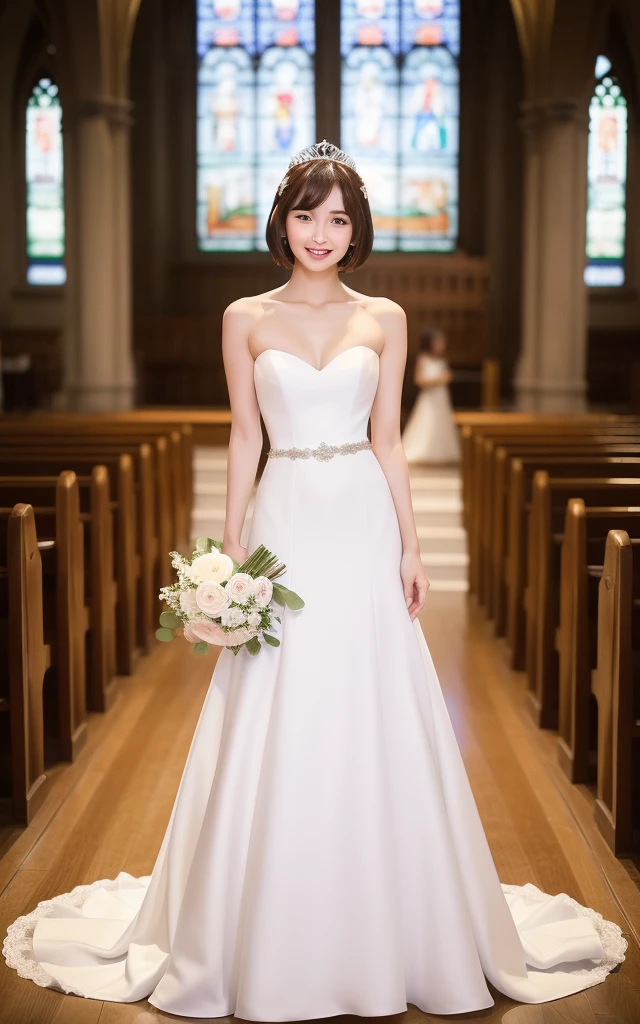 (Take a full-body photo:1.5)、(highest quality:1.5)、(Realistic:1.5)、Very detailed、High resolution、8k wallpaper、Natural color lips、Cute Smile、Japanese women、20-year-old、Beautiful and elegant face、Perfect and beautiful face、balanced eyes、Brown eyes、Beautiful and elegant face、Beautiful double eyelids、Natural Bangs、Beautiful thin nose、Beautiful Skin、Fair skin、Medium Bob Hair、Natural Bangs、Perfect and beautiful face、Slim face and figure、(Looking at the camera with a sweet smile)、Bright lighting、Professional Lighting、Forward lighting、tiara、(white wedding dress)、Wedding ceremony in a church with beautiful stained glass、pose for a photo、