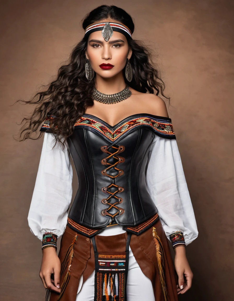### karen: Loud Voice
**Hair**: rubio, long and curly to the waist.

**outfit**: 
karen lleva pantalones negros pegados de cuero o material similar, fitted to the body with indigenous embroidery details on the sides. His white shirt has hand-painted Muisca details on the shoulders and chest., with long fique hanging from the sleeves. on, wear a black or brown leather corset, decorated with indigenous patterns and metal buckles.

**accessories**: 
Necklaces and bracelets with Colombian indigenous motifs, facts from seeds, natural stones and colored beads. Wide belts decorated with indigenous embroidery and large buckles. Seed and feather headdresses, with small wooden or metal pendants.

**shoes**: 
Black or brown military boots, robust and comfortable, with metal details.

**make-up**: 
Smokey eyes combining terracotta colors, gold and black for a dramatic look. intense red lips.

**Additional details**: 
Indigenous embroidery on clothing, especially in pants and corset. Long asymmetrical skirts over pants with fringes or feathers. colored ribbons in hair, braided and loose, adding movement and color