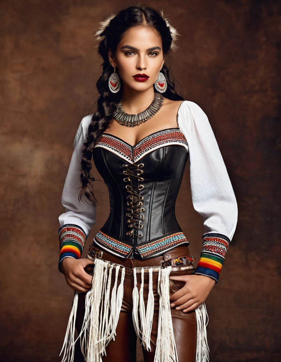 ### karen: Loud Voice
**Hair**: rubio, long and curly to the waist.

**outfit**: 
karen lleva pantalones negros pegados de cuero o material similar, fitted to the body with indigenous embroidery details on the sides. His white shirt has hand-painted Muisca details on the shoulders and chest., with long fique hanging from the sleeves. on, wear a black or brown leather corset, decorated with indigenous patterns and metal buckles.

**accessories**: 
Necklaces and bracelets with Colombian indigenous motifs, facts from seeds, natural stones and colored beads. Wide belts decorated with indigenous embroidery and large buckles. Seed and feather headdresses, with small wooden or metal pendants.

**shoes**: 
Black or brown military boots, robust and comfortable, with metal details.

**make-up**: 
Smokey eyes combining terracotta colors, gold and black for a dramatic look. intense red lips.

**Additional details**: 
Indigenous embroidery on clothing, especially in pants and corset. Long asymmetrical skirts over pants with fringes or feathers. colored ribbons in hair, braided and loose, adding movement and color