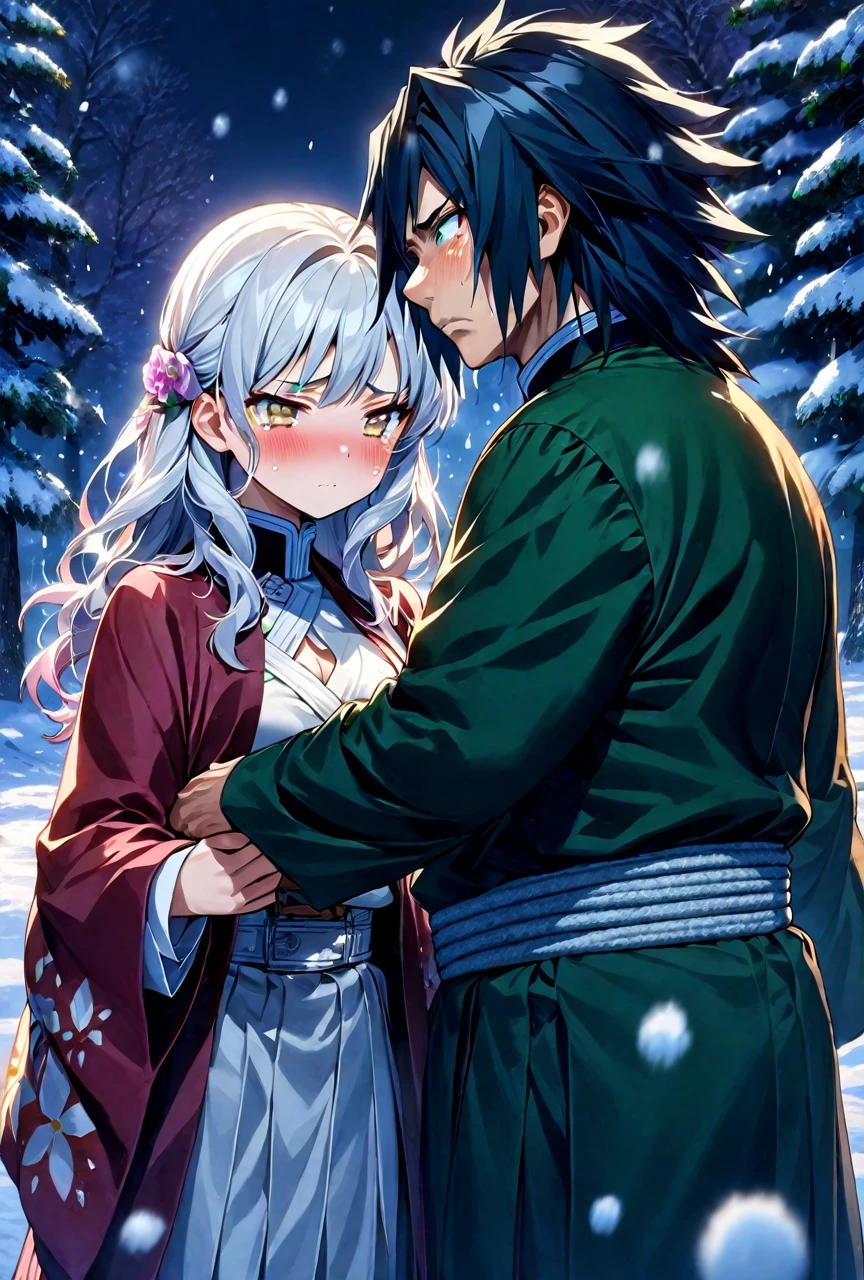 Ultra detailed, high resolution, absurd, HDR, masterpiece, anime girl and boy, beautiful woman (with long white hair with deep red streaks, woman (with yellow eyes), the woman (is wearing a red haori), long hair woman, in black demon slayer corps uniform, Kimetsu No Yaiba, fantasy, handsome, Tomioka Giyu, Hashira, Tomioka haori, Tomioka is serious and worried, couple, night, winter forest, snow, best quality, extremely detailed face, anime, the woman is really sad ,Tomioka is a strong man, the woman is angry, Tomioka Giyu is trying to confort the pretty woman, Tomioka is protecting his lover, the girl is sad because his uncle abandoned her