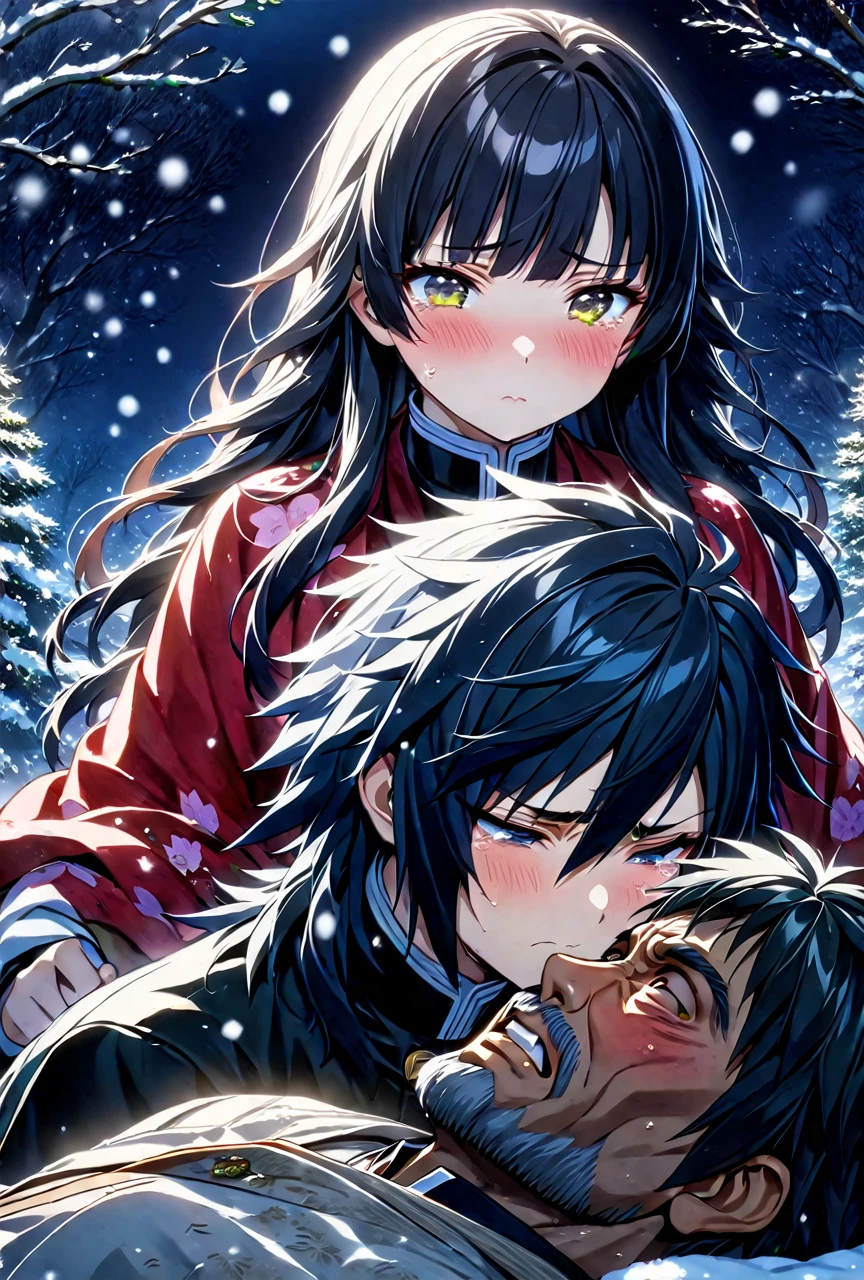 Ultra detailed, high resolution, absurd, HDR, masterpiece, anime girl and boy, beautiful woman (with long white hair with deep red streaks, woman (with yellow eyes), the woman (is wearing a red haori), long hair woman, in black demon slayer corps uniform, Kimetsu No Yaiba, fantasy, handsome, Tomioka Giyu, Hashira, Tomioka haori, Tomioka is serious and worried, couple, night, winter forest, snow, best quality, extremely detailed face, anime, the woman is really sad ,Tomioka is a strong man, the woman is angry, Tomioka Giyu is trying to confort the pretty woman, Tomioka is protecting his lover, the girl is sad because his uncle abandoned her