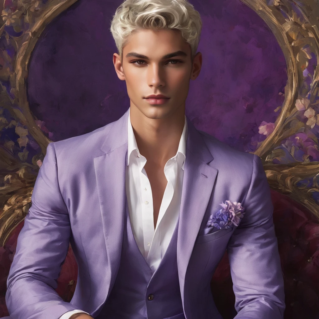 Candid Vogue fashion editorial shot of mixed male supermodel, 23 year old, short platinum silver hair, masculine appearance with slender physique, symmetric face, natural olive skin tone, exudes youthfulness and athleticism, he is very photogenic, Position against an ornate dark purple background featuring a floral painting wallpaper to add depth and richness to the scene, ((Depict Lucifer as a charismatic and sophisticated figure)), He is a striking presence with an air of mystery and intelligence. wears a well-fitted, light purple blazer over a white shirt, with dark jeans and stylish shoes. His demeanor is confident and charming, with a subtle hint of his divine origins in his calm and intense gaze. The background should be a modern, urban setting with a blend of sophistication and casualness, evoke the soft ethereal quality of the Renaissance style, raw photo, ((masterpiece)), (best quality), High Resolution, (ultra_realistic), photorealistic, ((Pay attention to the layer and arrangement of body parts and surrounding objects)), ((Pay attention to the body composition)), ((Correct body structure)), ((Correct photo distance)), romantic atmosphere, lively extremely Gorgeous background),