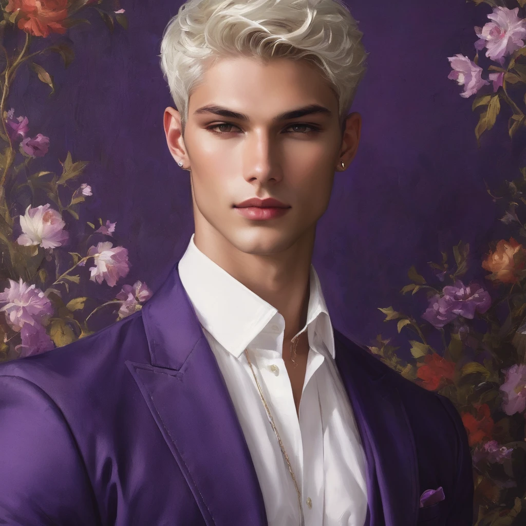 Candid Vogue fashion editorial shot of mixed male supermodel, 23 year old, short platinum silver hair, masculine appearance with slender physique, symmetric face, natural olive skin tone, exudes youthfulness and athleticism, he is very photogenic, Position against an ornate dark purple background featuring a floral painting wallpaper to add depth and richness to the scene, ((Depict Lucifer as a charismatic and sophisticated figure)), He is a striking presence with an air of mystery and intelligence. wears a well-fitted, light purple blazer over a white shirt, with dark jeans and stylish shoes. His demeanor is confident and charming, with a subtle hint of his divine origins in his calm and intense gaze. The background should be a modern, urban setting with a blend of sophistication and casualness, evoke the soft ethereal quality of the Renaissance style, raw photo, ((masterpiece)), (best quality), High Resolution, (ultra_realistic), photorealistic, ((Pay attention to the layer and arrangement of body parts and surrounding objects)), ((Pay attention to the body composition)), ((Correct body structure)), ((Correct photo distance)), romantic atmosphere, lively extremely Gorgeous background),
