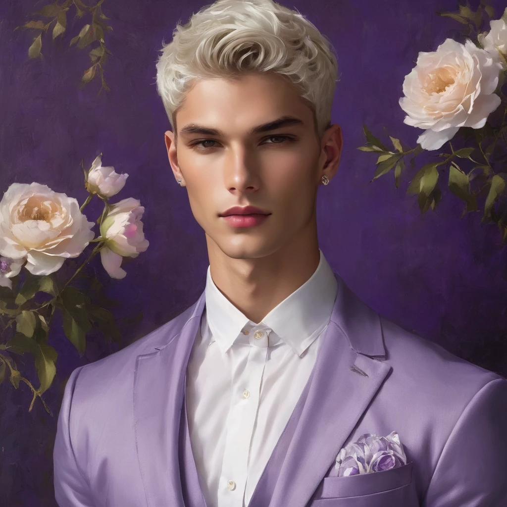 Candid Vogue fashion editorial shot of mixed male supermodel, 23 year old, short platinum silver hair, masculine appearance with slender physique, symmetric face, natural olive skin tone, exudes youthfulness and athleticism, he is very photogenic, Position against an ornate dark purple background featuring a floral painting wallpaper to add depth and richness to the scene, ((Depict Lucifer as a charismatic and sophisticated figure)), He is a striking presence with an air of mystery and intelligence. wears a well-fitted, light purple blazer over a white shirt, with dark jeans and stylish shoes. His demeanor is confident and charming, with a subtle hint of his divine origins in his calm and intense gaze. The background should be a modern, urban setting with a blend of sophistication and casualness, evoke the soft ethereal quality of the Renaissance style, raw photo, ((masterpiece)), (best quality), High Resolution, (ultra_realistic), photorealistic, ((Pay attention to the layer and arrangement of body parts and surrounding objects)), ((Pay attention to the body composition)), ((Correct body structure)), ((Correct photo distance)), romantic atmosphere, lively extremely Gorgeous background),