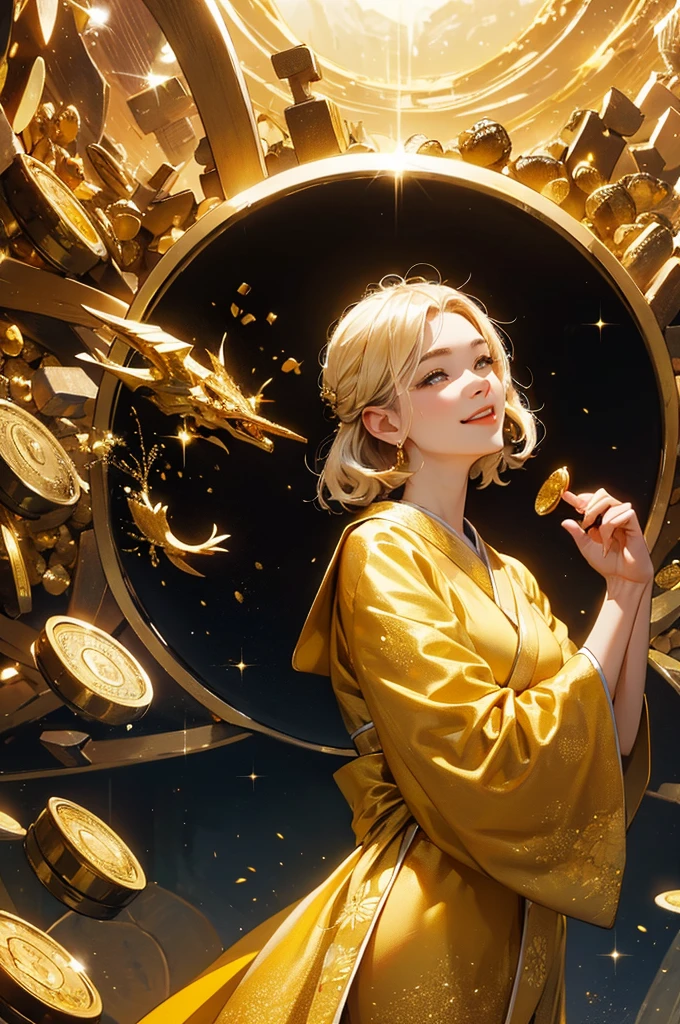 A beautiful woman in a gold kimono smiles against the backdrop of a mountain of gold nuggets, gold coins, and gold dust sparkling in the air.