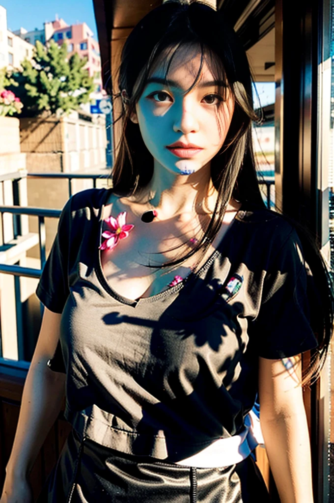 Best quality,masterpiece,Ultra-high resolution,(lifelike:1,4),original photo,Head photo,skin,Simple background,Black eyes,detail,Selfie,1 girl,18 years old,breeze,Sunlight,balcony,breeze
