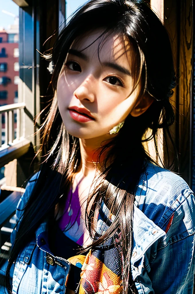 Best quality,masterpiece,Ultra-high resolution,(lifelike:1,4),original photo,Head photo,skin,Simple background,Black eyes,detail,Selfie,1 girl,18 years old,breeze,Sunlight,balcony,breeze