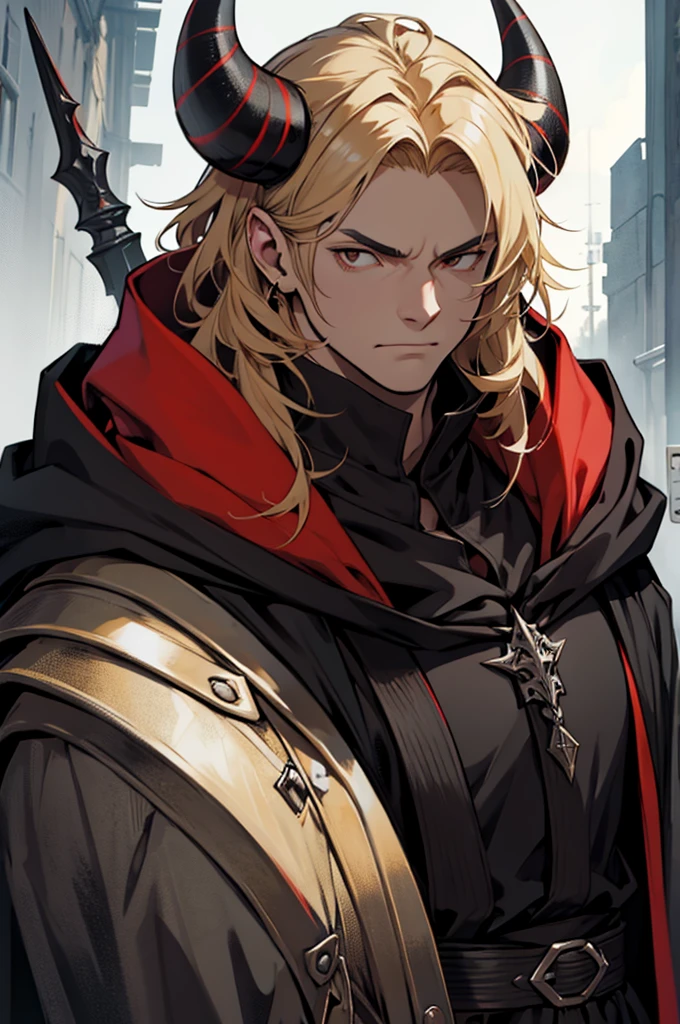 man, small red horns, black eyes, imposing face, blond hair, with black cloak with hood on his head