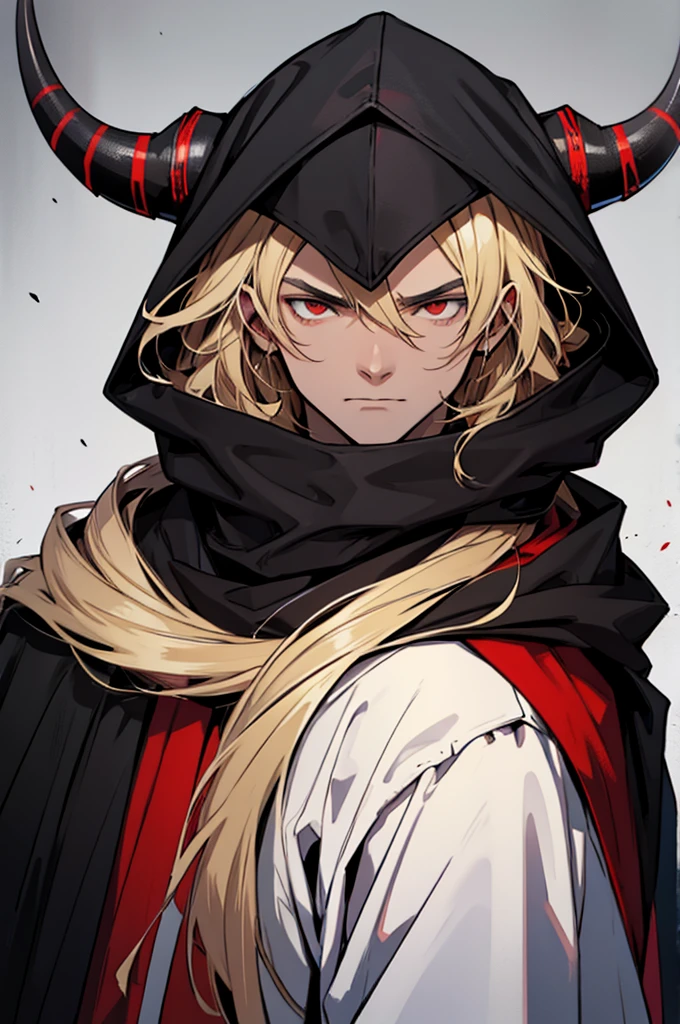 man, small red horns, black eyes, imposing face, blond hair, with black cloak with hood on his head