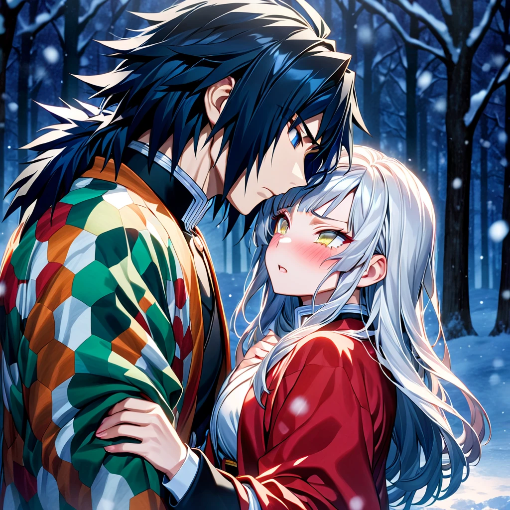 Ultra detailed, high resolution, absurd, HDR, masterpiece, anime girl and boy, beautiful woman (with long white hair with deep red streaks, woman (with yellow eyes), the woman (is wearing a red haori), long hair woman, in black demon slayer corps uniform, Kimetsu No Yaiba, fantasy, handsome, Tomioka Giyu, Hashira, Tomioka haori, Tomioka is serious and worried, couple, night, winter forest, snow, best quality, extremely detailed face, anime, the woman is really sad ,Tomioka is a strong man, the woman is angry, Tomioka Giyu is trying to confort the pretty woman, Tomioka is protecting his lover