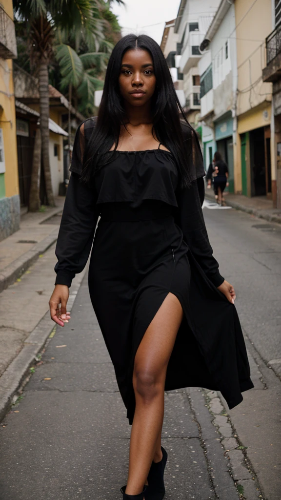 (((Brazilian))), age 28, ((Bblack hair, long and smooth)) in street, (Long black dress), (((darkskin, black))), (((Don't show your hands, do not leave visible)))