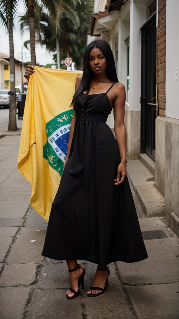 (((Brazilian))), age 28, ((Bblack hair, long and smooth)) in street, (Long black dress), (((darkskin, black))), (((Don&#39;t show your hands, do not leave visible)))