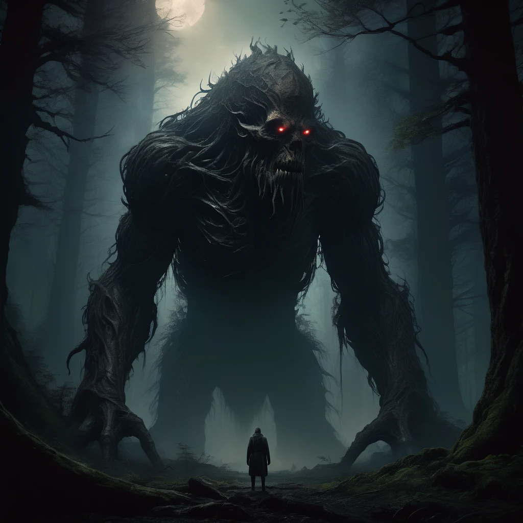 A massive, ominous creature lurking in a cursed, ancient forest, towering over a lone human figure, extremely detailed, cinematic lighting, dark moody colors, dramatic composition, photorealistic, masterpiece, 8k, hyper-detailed, chiaroscuro lighting, moody atmosphere, dramatic shadows, gritty realism, horror, sci-fi, digital painting