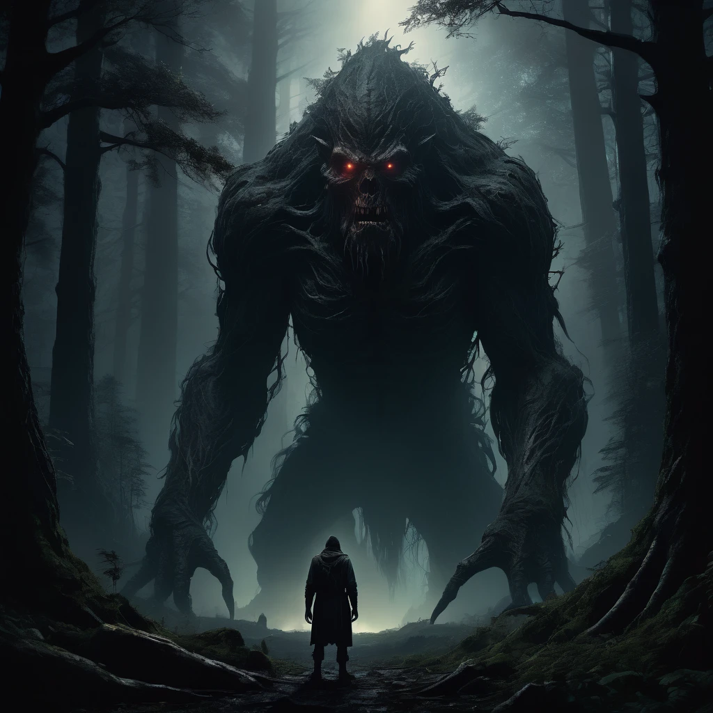 A massive, ominous creature lurking in a cursed, ancient forest, towering over a lone human figure, extremely detailed, cinematic lighting, dark moody colors, dramatic composition, photorealistic, masterpiece, 8k, hyper-detailed, chiaroscuro lighting, moody atmosphere, dramatic shadows, gritty realism, horror, sci-fi, digital painting