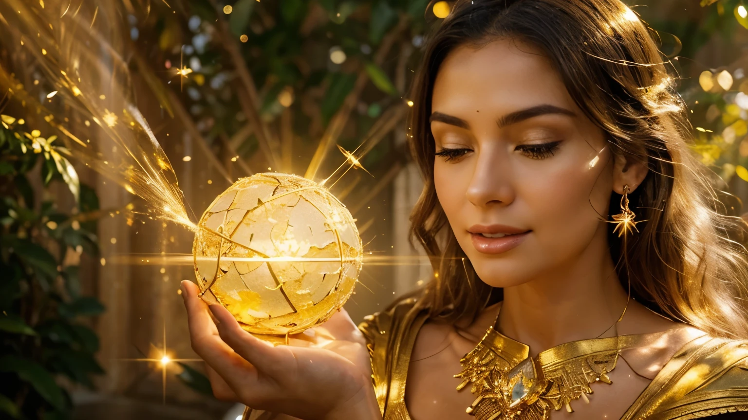 a close up of a woman holding a sparkle ball in her hand, gold ethereal light, glowing golden aura, emanating magic from her palms, yellow radiant magic, goddess of light, radiating golden light, golden aura, holy flame spell, magical light, glowing with magic, ethereal angelic being of light, bathed in golden light, emiting mystical light, filled with sparkling gold light and sprinkled gold particles