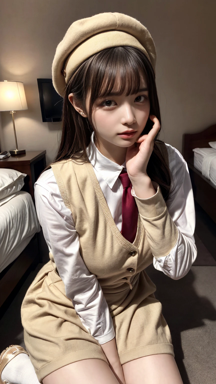 (absurdres:1.3), (highres:1.3), (ultra detailed:1.3),(1girl:1.3), (extremely detailed CG unity 8k wallpaper:1.3), (detailed skin texture, detailed cloth texture, detailed hair texture), (beautiful detailed face, supermodel, pale skin, realistic glistening skin), (RAW photo, best quality), (realistic, photo-realistic:1.4), masterpiece, extremely delicate and beautiful,Amazing, finely detail, extremely detailed CG unity 8k wallpaper, huge filesize, ultra-detailed, highres, absurdres, soft light,rim light, vibrant details, hotel room, straight hair, large breasts, black hair color, Big Natural Color Lip, (perfect body shape), beautiful legs, BREAK (beige theme:1.5), (beige short-culotte:1.4), ((beige vest, arms exposed vest, button):1.3), (long sleeve white shirt:1.4), (necktie:1.2), (beige beret with Ribbon:1.4), (bare legs:1.3), (white socks:1.2) ,(brown loafers:1.3), crying a little、Harajuku style、20 year old girl、cute type、ta、