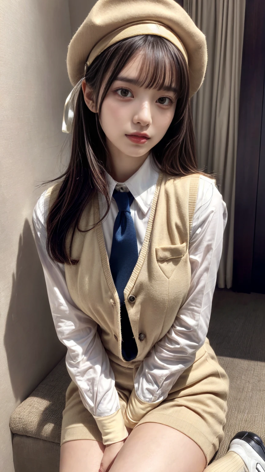 (absurdres:1.3), (highres:1.3), (ultra detailed:1.3),(1girl:1.3), (extremely detailed CG unity 8k wallpaper:1.3), (detailed skin texture, detailed cloth texture, detailed hair texture), (beautiful detailed face, supermodel, pale skin, realistic glistening skin), (RAW photo, best quality), (realistic, photo-realistic:1.4), masterpiece, extremely delicate and beautiful,Amazing, finely detail, extremely detailed CG unity 8k wallpaper, huge filesize, ultra-detailed, highres, absurdres, soft light,rim light, vibrant details, hotel room, straight hair, large breasts, black hair color, Big Natural Color Lip, (perfect body shape), beautiful legs, BREAK (beige theme:1.5), (beige short-culotte:1.4), ((beige vest, arms exposed vest, button):1.3), (long sleeve white shirt:1.4), (necktie:1.2), (beige beret with Ribbon:1.4), (bare legs:1.3), (white socks:1.2) ,(brown loafers:1.3), crying a little、Harajuku style、20 year old girl、cute type、lolita、