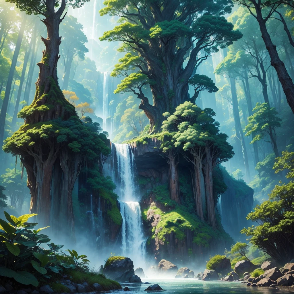 mysteriousな超巨大なトンネルの中に森がある,Giant Tree Forest,There is a huge tree,Different world,The sunlight from the sun shines on the earth,Colorful,Best Quality,8K,mysterious,Fantasy,Different space,There is a super huge waterfall,There are many different creatures,Nature,romantic,A world beyond imagination,Dream world,universe,Huge river,masterpiece,最高masterpiece,perfection,