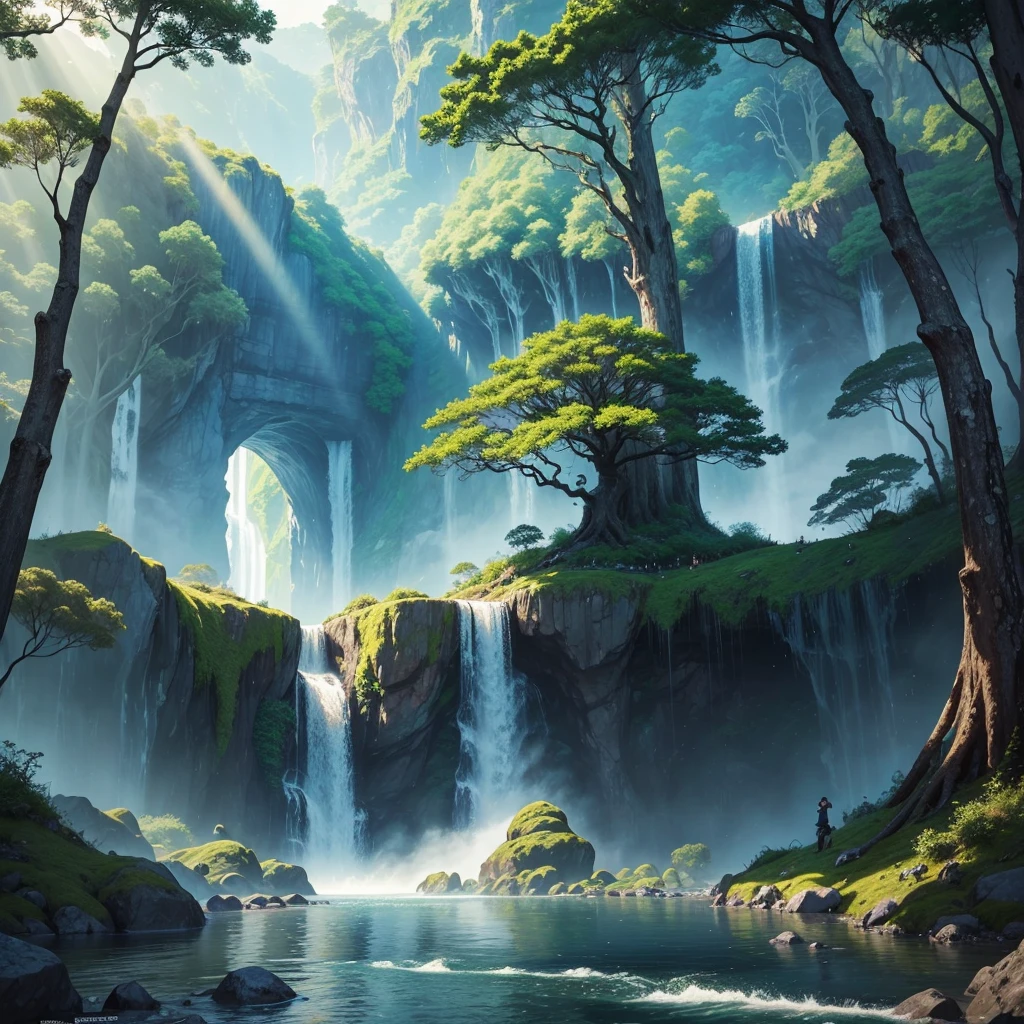 mysteriousな超巨大なトンネルの中に森がある，Giant Tree Forest，There is a huge tree，Different world，The sunlight from the sun shines on the earth，Colorful，Best Quality，8K，mysterious，Fantasy，Different space，There is a super huge waterfall，There are many different creatures，Nature，romantic，A world beyond imagination，Dream world，universe，Huge river，masterpiece，最高masterpiece，perfection，