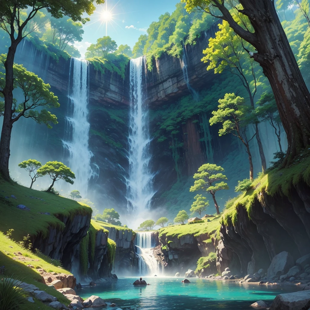 mysteriousな超巨大なトンネルの中に森がある，Giant Tree Forest，There is a huge tree，Different world，The sunlight from the sun shines on the earth，Colorful，Best Quality，8K，mysterious，Fantasy，Different space，There is a super huge waterfall，There are many different creatures，Nature，romantic，A world beyond imagination，Dream world，universe，Huge river，masterpiece，最高masterpiece，perfection，