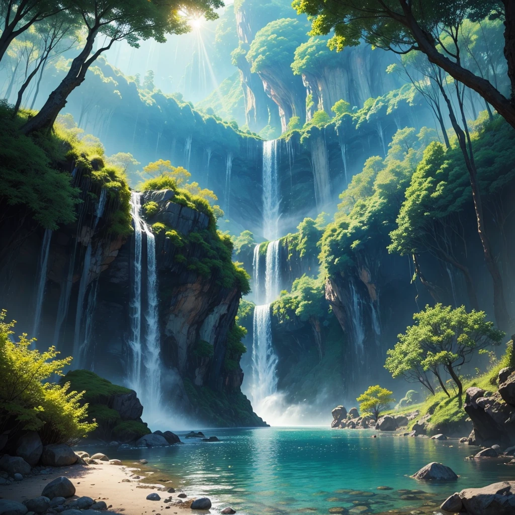 mysteriousな超巨大なトンネルの中に森がある,Giant Tree Forest,There is a huge tree,Different world,The sunlight from the sun shines on the earth,Colorful,Best Quality,8K,mysterious,Fantasy,Different space,There is a super huge waterfall,There are many different creatures,Nature,romantic,A world beyond imagination,Dream world,universe,Huge river,masterpiece,最高masterpiece,perfection,