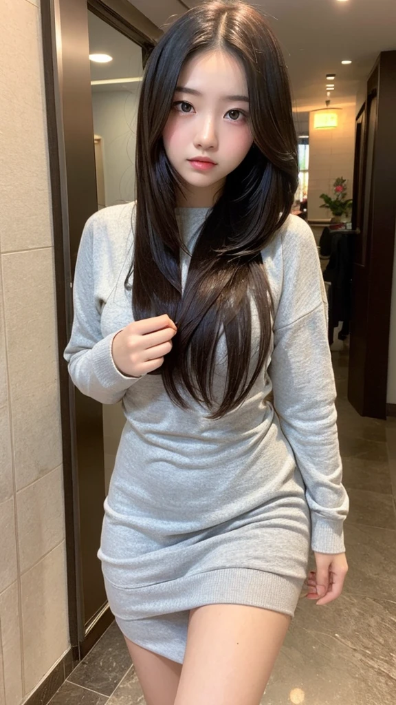 Indonesian girl 17-year-old Hairstyle Casual, F Cup Breasts wearing crewneck dress at lobby collage