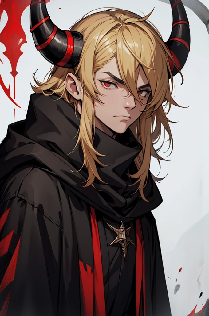 man, small red horns, black eyes, imposing face, blond hair, with black cloak with hood on his head