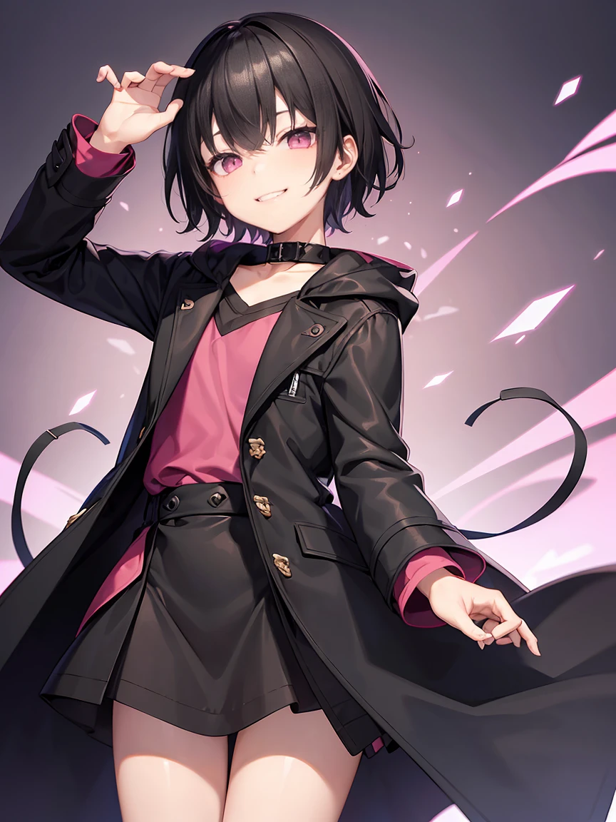 Short black hair、Pink eyes、Shota、male:1.5、solo、jet black duffle coat、Black clothing、Wicked Smile、Black trousers