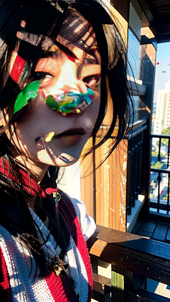 Best quality，masterpiece，Ultra-high resolution，（lifelike：1,4），original photo，Head photo，skin，Simple background，Black eyes，detail，Selfie，1 girl，18 years old，breeze，Sunlight，balcony，breeze