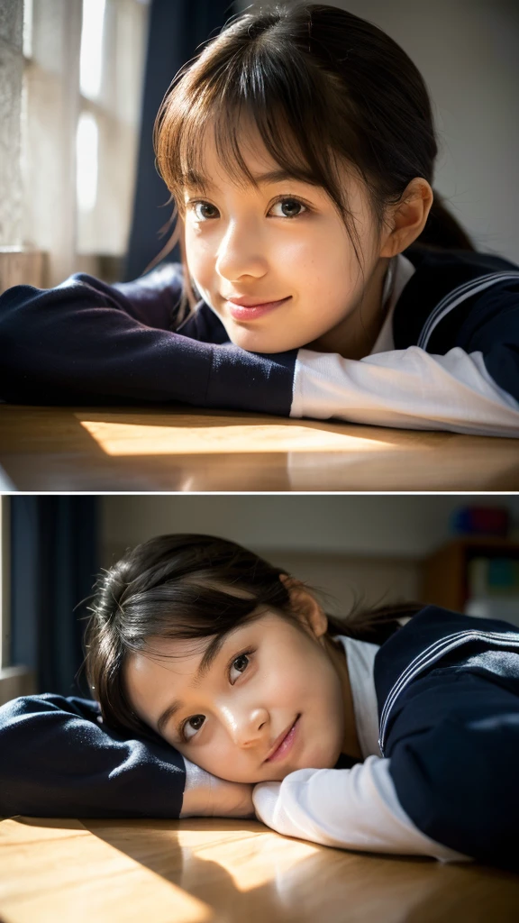 (Highest quality,masterpiece:1.3,Ultra-high resolution),(Very detailed,Caustics,8K),(Realistic:1.4,RAW shooting),(School classroom),(Girl resting her chin on the desk),Sit on a chair,18-year-old,cute,Japanese,Looking into the camera,Black hair ponytail,Sailor suit,(The light coming in from the window illuminates the girl:1.1),(Curtains swaying in the wind),(Bust up shot),(Face Focus),(Face close-up),Low position,Low Angle,Natural light,Smile,