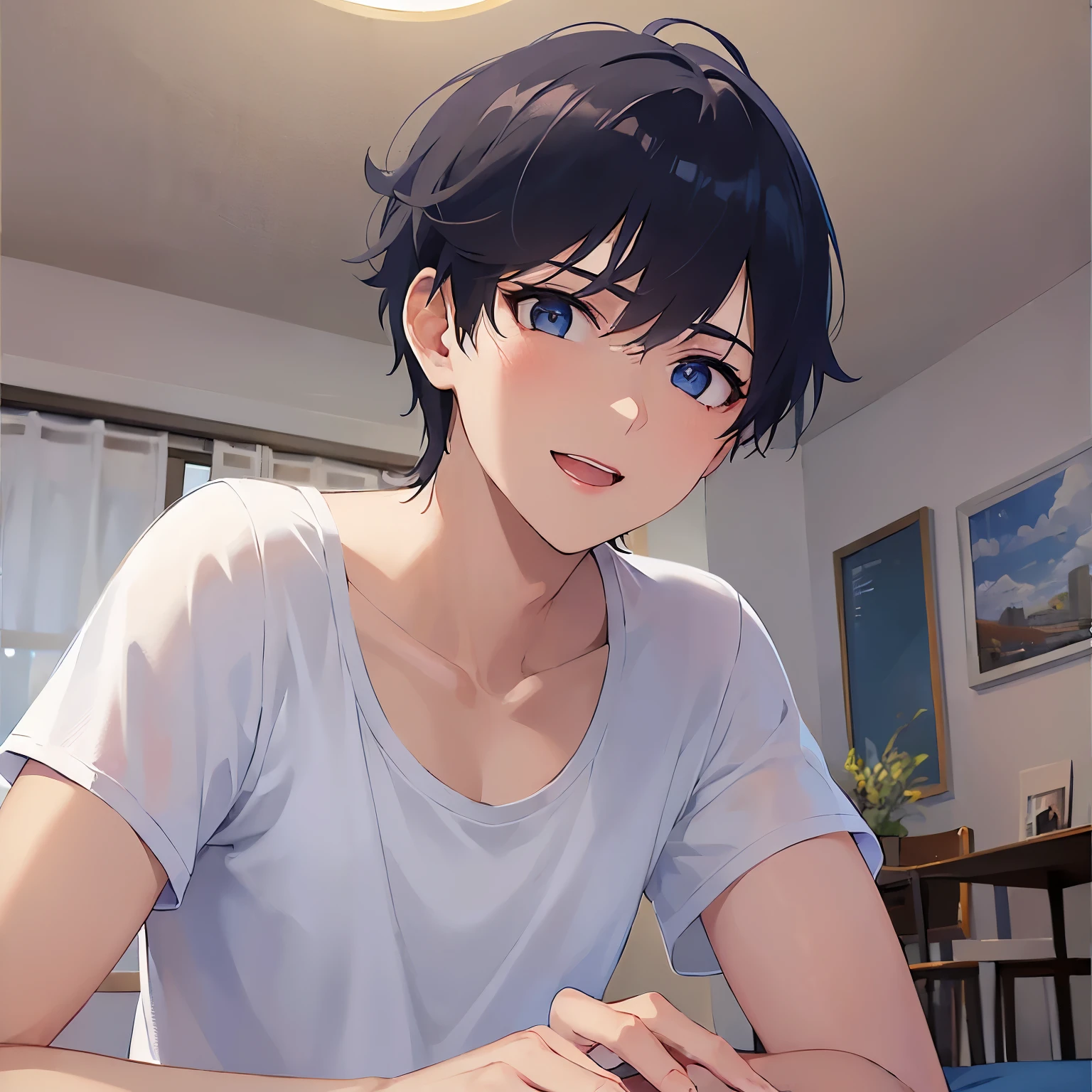 (25-year-old male:1.5) and (Black short hair) and (blue eyes)
(white) and (T-Shirts),(looking at viewer:1.5),close-up、
shiny skin, masterpiece、Highest quality、
smile、The background is the dining room at night、(Alone:1.5)