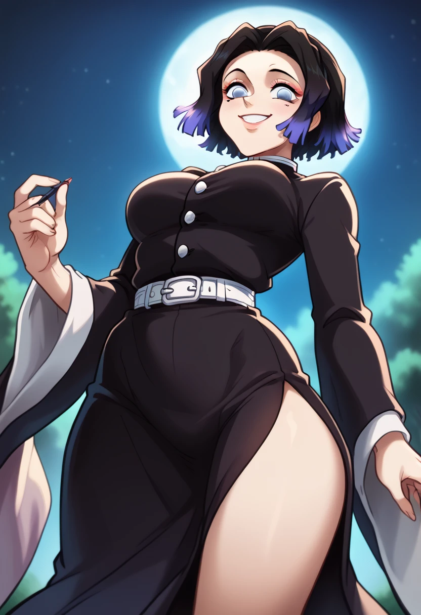 Draw a character in animated art style, with a vibrant and expressive appearance. The character must have exaggerated characteristics, like big, expressive eyes, a subtle and fun smile, and a straight posture. The background should be simple and not distract from the main figure. The character must be from the Kimetsu no Yaiba universe/Demon Slayer, black short hair, blue colored eyes. Wearing a tight skirt, low angle, animated cartoon, beautiful drawing. (night filter, natta, Night)