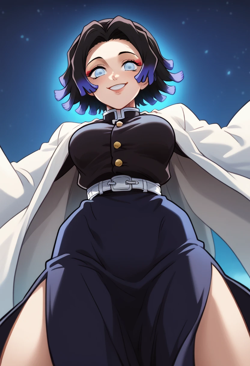 Draw a character in animated art style, with a vibrant and expressive appearance. The character must have exaggerated characteristics, like big, expressive eyes, a subtle and fun smile, and a straight posture. The background should be simple and not distract from the main figure. The character must be from the Kimetsu no Yaiba universe/Demon Slayer, black short hair, blue colored eyes. Wearing a tight skirt, low angle, animated cartoon, beautiful drawing. (night filter, natta, Night)