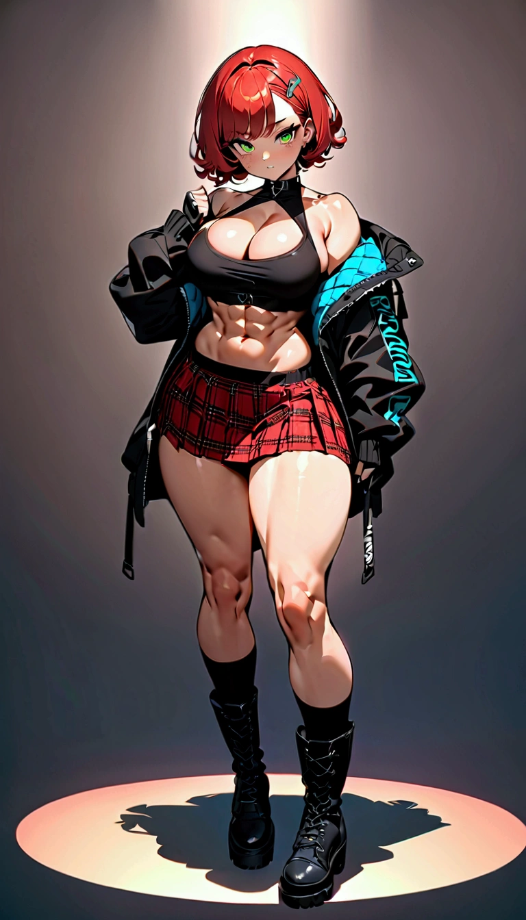 woman, curly red pixie cut hair, green eyes, wearing crop top black shirt, long black jacket, red plaid skirt, (black knee high boots), black fingerless gloves, exposed shoulders, (full body), large breasts, thick thighs, freckles, cleavage, abs, looking at viewer, masterpiece, best quality, an14, Holo-Punk Style