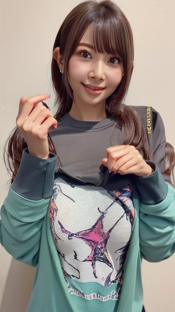 (Highest quality、Tabletop、、Best image quality)、Cute Woman、Perfect Anatomy、Super high resolution beautiful eyes、(The perfect long sleeve t-shirt:1.3)、 (She lifted up her long sleeve T-shirt、Exposing the bra:1.5)、クのExposing the bra:1.1)、(Random color long sleeve T-shirt:1.1)、Cleavage、(The simplest solid color background:1.3)、(Brightest and most radiant skin:1.1)、The brightest and shiniest hair、(Very bright:1.1)、Perfect Makeup、Face close-up、smile,(Large Breasts:1.3),(Underbust:1.2)