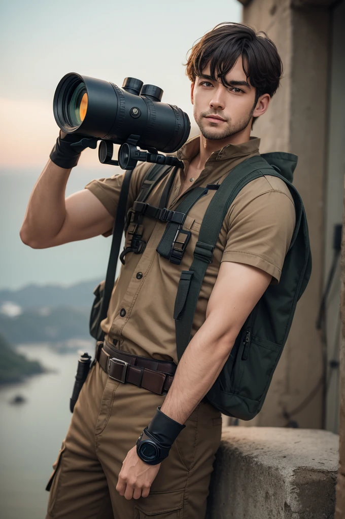 man in hero costume and binoculars
