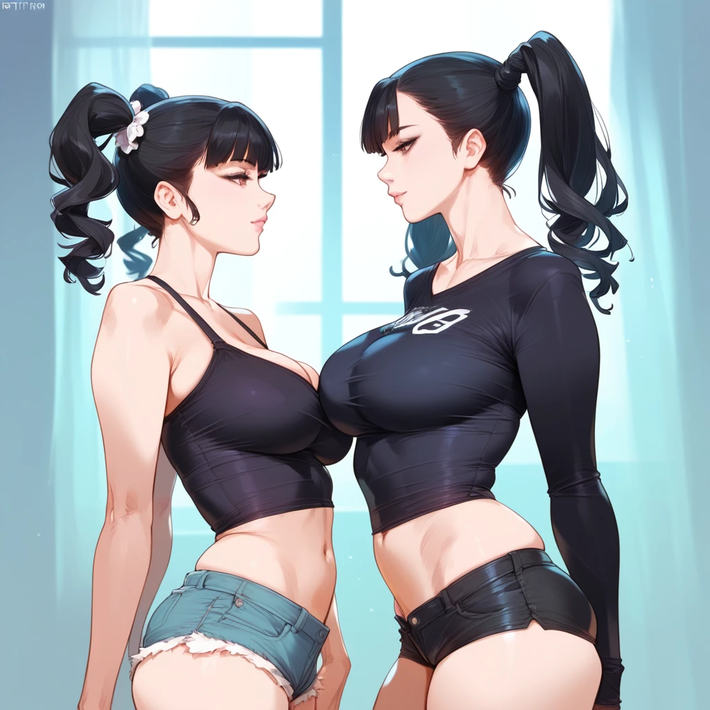 mixed_artwork style, 1 girl, standing alone, hands, beautiful woman, Asian, Gothic, thick, black short black blouse tied, short shorts, ptinta eyes, black hair ptinta locks, twin tails, realistic, textures, 8K, perfect hand, perfect anatomy, Profile, visible curves, Breasts 