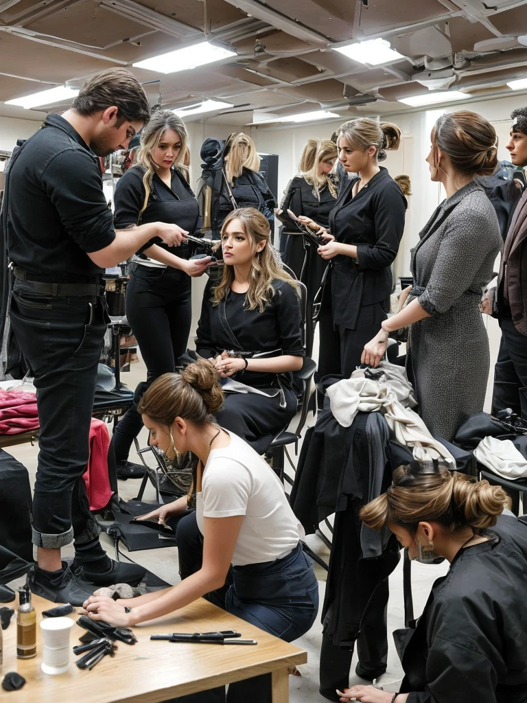 A behind-the-scenes image from a drama would show actors being prepared by makeup artists and hairdressers, directors and technical team discussing scenes, positioned cameras, production assistants adjusting the set, screenwriters reviewing dialogue, a catering table for breaks and costume changes ready on racks. The image would highlight the intense collaboration and dedication to create the magic of the drama.