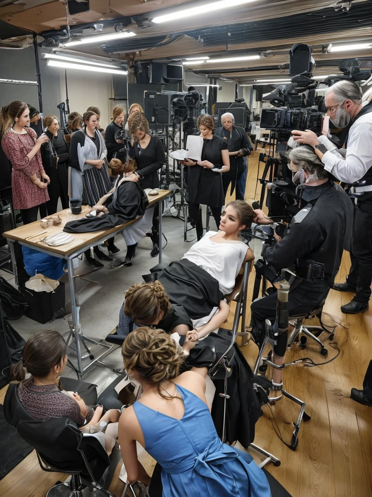 A behind-the-scenes image from a drama would show actors being prepared by makeup artists and hairdressers, directors and technical team discussing scenes, positioned cameras, production assistants adjusting the set, screenwriters reviewing dialogue, a catering table for breaks and costume changes ready on racks. The image would highlight the intense collaboration and dedication to create the magic of the drama.