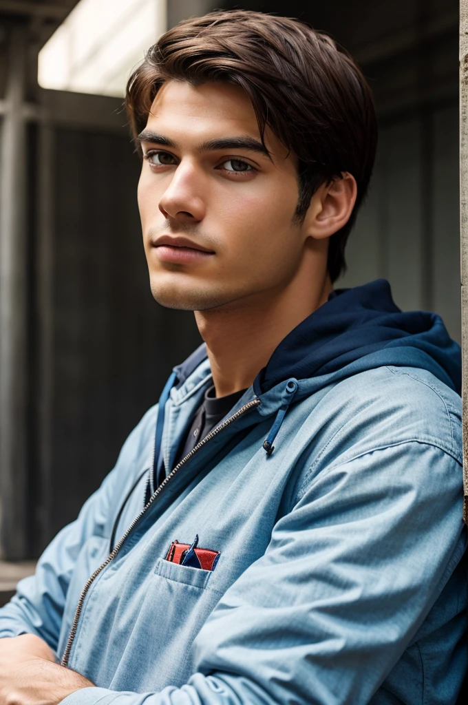A photograph of spider man, no mask, 20 yo, handsome, detailed face, looking at camera, portrait, 8k uhd, high quality