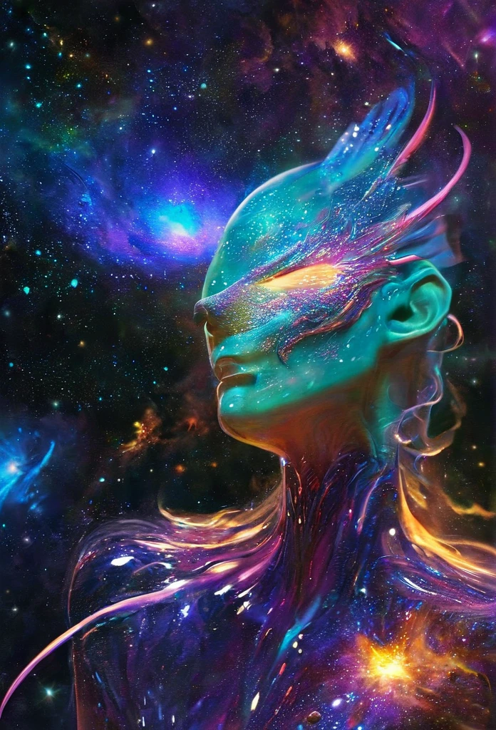 (High resolution,realistic,sharp focus),Humanoid alien creature with a vertically split face forming a mouth shape,beautiful predatory creature There is similar to a woman,Alien/monster hybrid,scary hunter,[cosmic,extraterrestrial] There is,organic matter,otherworldly predator,beyond life,length,flowing hair,earrings,shineing eyes,intense sight,[elegant,graceful],enchanting facial features,[sharp,pointed,elengthated] teeth,[toxic,toxic] tooth,intense,enchanting smile,Smooth yet muscular body,[curve,shape] There is similar to a woman,[graceful,Towering] before,Alien skin texture resembling iridescent scales,[ethereal,luminescent] shine,[Evil,Unlucky] aura,Slurping,bipedal walking,[tranquility,predatory] enchanting footsteps,hypnotic] dance,[spooky,Unforgettable] grace,contrasting colors,[darkness,Shadow] hug a living thing,dystopian background scenery,[cosmic,Milky Way] background,Unlucky celestial bodies,pulsating clouds,[extraterrestrial,surreal] vegetation,rays of ethereal light [filtering,caress] scene,dramatic chiaroscuro lighting,penetrating the darkness,Create an intimate yet frightening atmosphere.