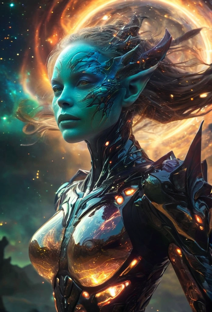 (High resolution,realistic,sharp focus),Humanoid alien creature with a vertically split face forming a mouth shape,beautiful predatory creature There is similar to a woman,Alien/monster hybrid,scary hunter,[cosmic,extraterrestrial] There is,organic matter,otherworldly predator,beyond life,length,flowing hair,earrings,shineing eyes,intense sight,[elegant,graceful],enchanting facial features,[sharp,pointed,elengthated] teeth,[toxic,toxic] tooth,intense,enchanting smile,Smooth yet muscular body,[curve,shape] There is similar to a woman,[graceful,Towering] before,Alien skin texture resembling iridescent scales,[ethereal,luminescent] shine,[Evil,Unlucky] aura,Slurping,bipedal walking,[tranquility,predatory] enchanting footsteps,hypnotic] dance,[spooky,Unforgettable] grace,contrasting colors,[darkness,Shadow] hug a living thing,dystopian background scenery,[cosmic,Milky Way] background,Unlucky celestial bodies,pulsating clouds,[extraterrestrial,surreal] vegetation,rays of ethereal light [filtering,caress] scene,dramatic chiaroscuro lighting,penetrating the darkness,Create an intimate yet frightening atmosphere.