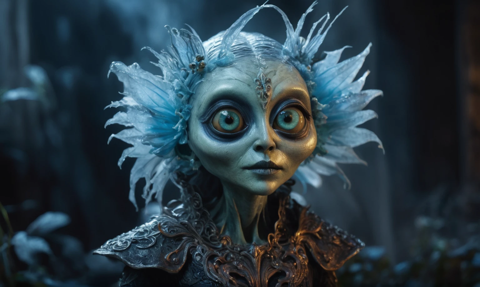 Magical plant ghost flower, ghost flower,carismatic，Incredible，terror ,extremely detailed,intricate details,big eyes extremely detailed, high detailed eyes,16k resolution, realistic humid skin,extremely intricate details,Epic Realistic,face anatomically correct,Ultra HD,HDR, natural skin textures, hyper realism,realistic skin texture, hyper detailed,extremely Realism,Ultra Detailed,body logically correct,full body length shot,beggar graphite Manganite sparas, wants eat,survival in criminal city of future,Cinematic,soft colors, Technicolor,natural skin textures, hyper realism, hyper detailed,Extremely detailed,High contrast,Masterpiece,Realistic,Ultra Detailed, intricate details,realistic humid leather,extremly intricate,Epic Realistic, cinematic style,irina yermolova,high contrast,hdr,extremely detailed, [deep night landscape],masterpiece,intricate details,faded,eyes extremely detailed, high detailed eyes,16k resolution,RAW,retina, Nikon Z9,Songbird,orc,Guangxi Zhuang of China,tkt style, Pisces,perfect, ginger，transition between two art styles, Ink painting to photorealism, Double contact, X-ray, Creative, vivid light, masterpiece, fantasy, Abstract, Surrealism, super detailed, high resolution, stop:35,(((creature with a spectral and ghostly appearance)). Her skin is pale, almost translucent.wears dark, torn clothes that float around him, as if permeated by an aura of mourning. Its appearance is complemented by details such symbols of gothic elements, further emphasizing its dark air. is haunted and tormented entity,pixar movie still,Silver-gold long hair with bangs、Aquamarine Eyes,matte silver sequined dress,Mestichino,Light particles,chaos